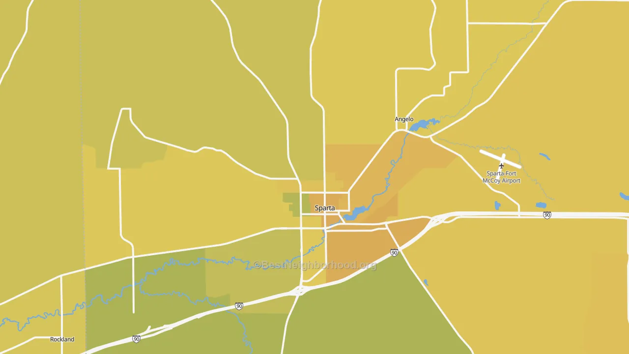 Map of the best neighborhoods in the 54656 area, with better matches in green and worse matches in red