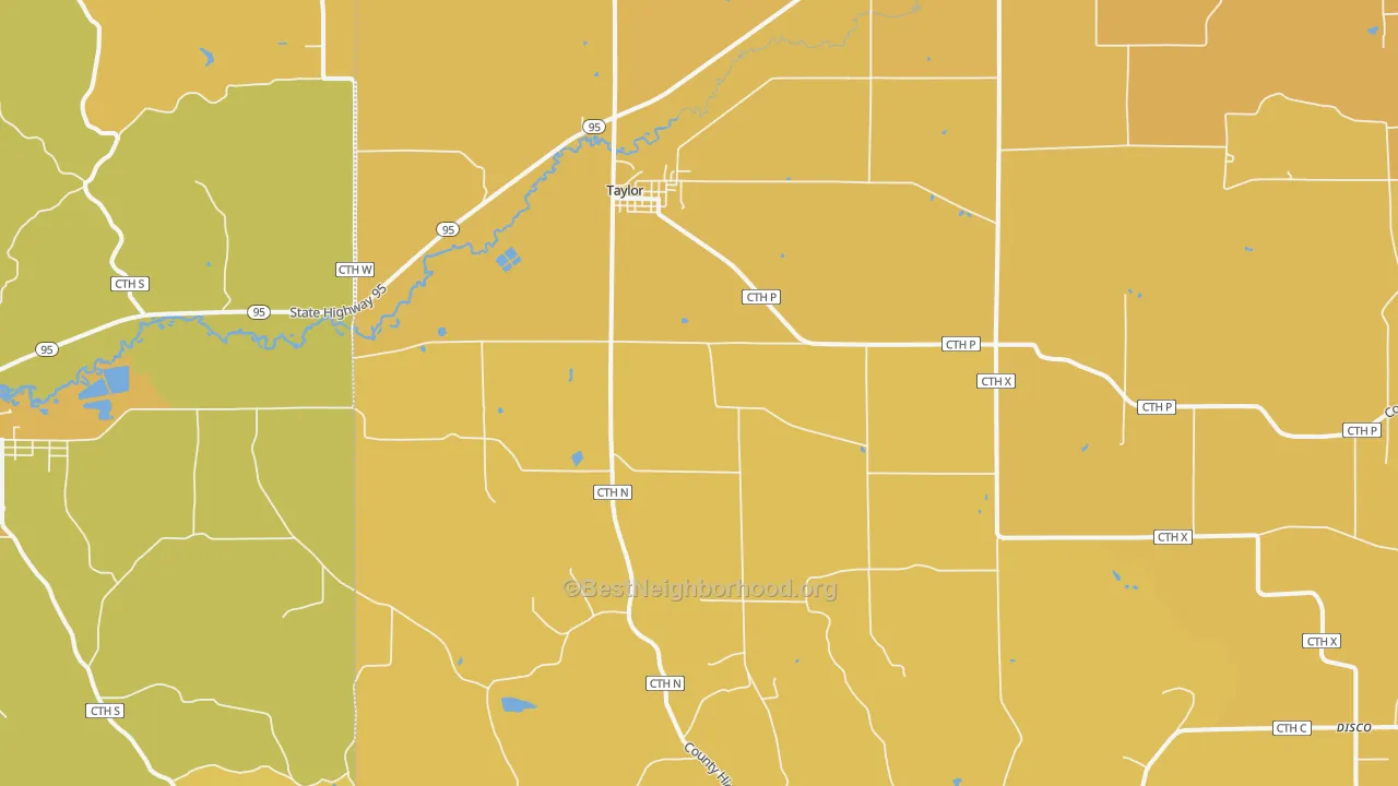 Map of the best neighborhoods in the 54659 area, with better matches in green and worse matches in red