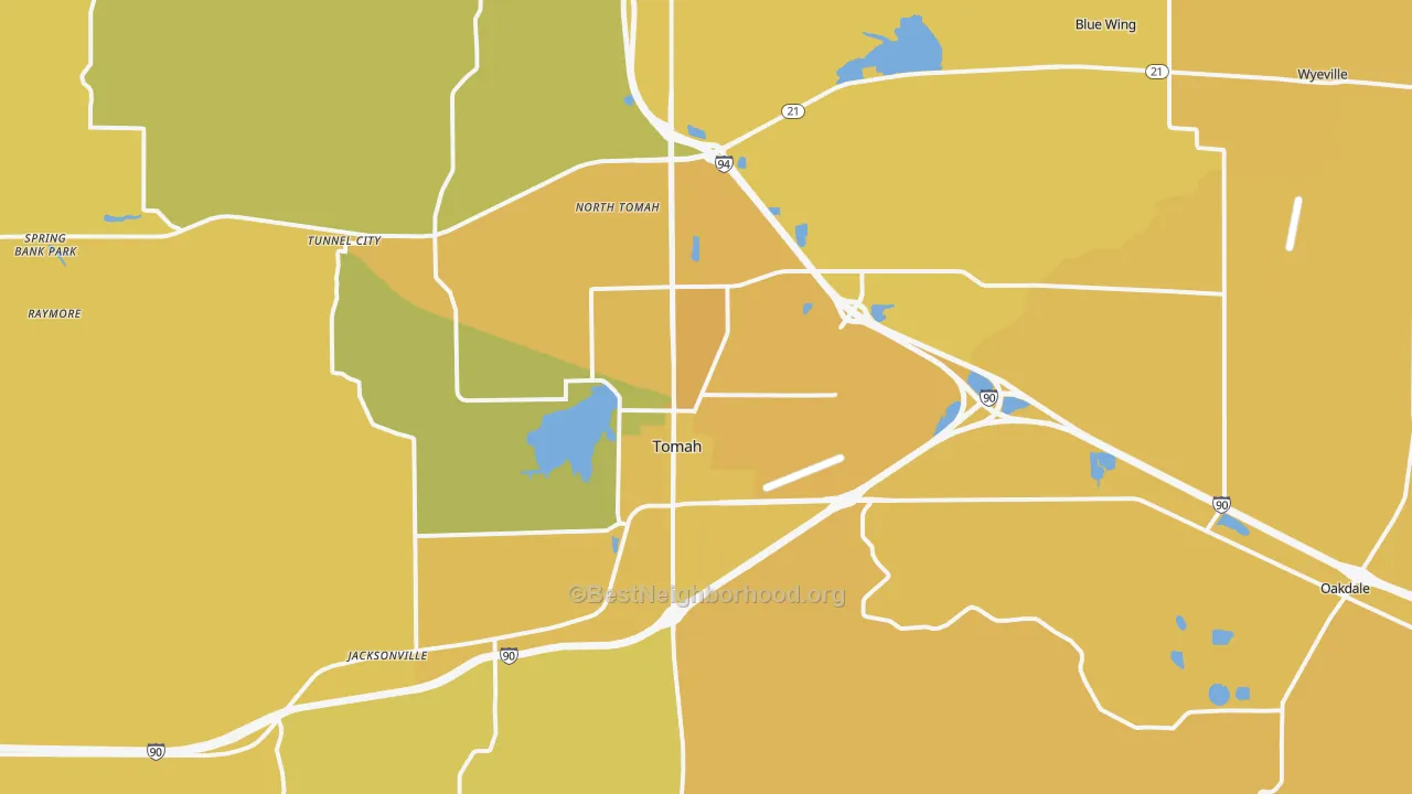 Map of the best neighborhoods in the 54660 area, with better matches in green and worse matches in red
