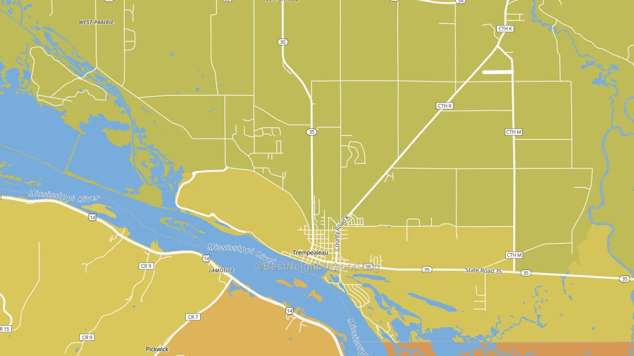 Map of the best neighborhoods in the 54661 area, with better matches in green and worse matches in red