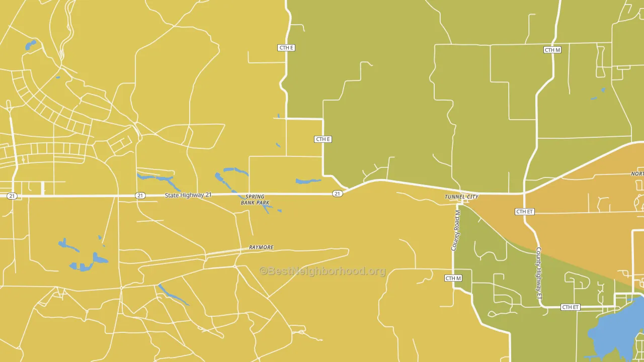 Map of the best neighborhoods in the 54662 area, with better matches in green and worse matches in red