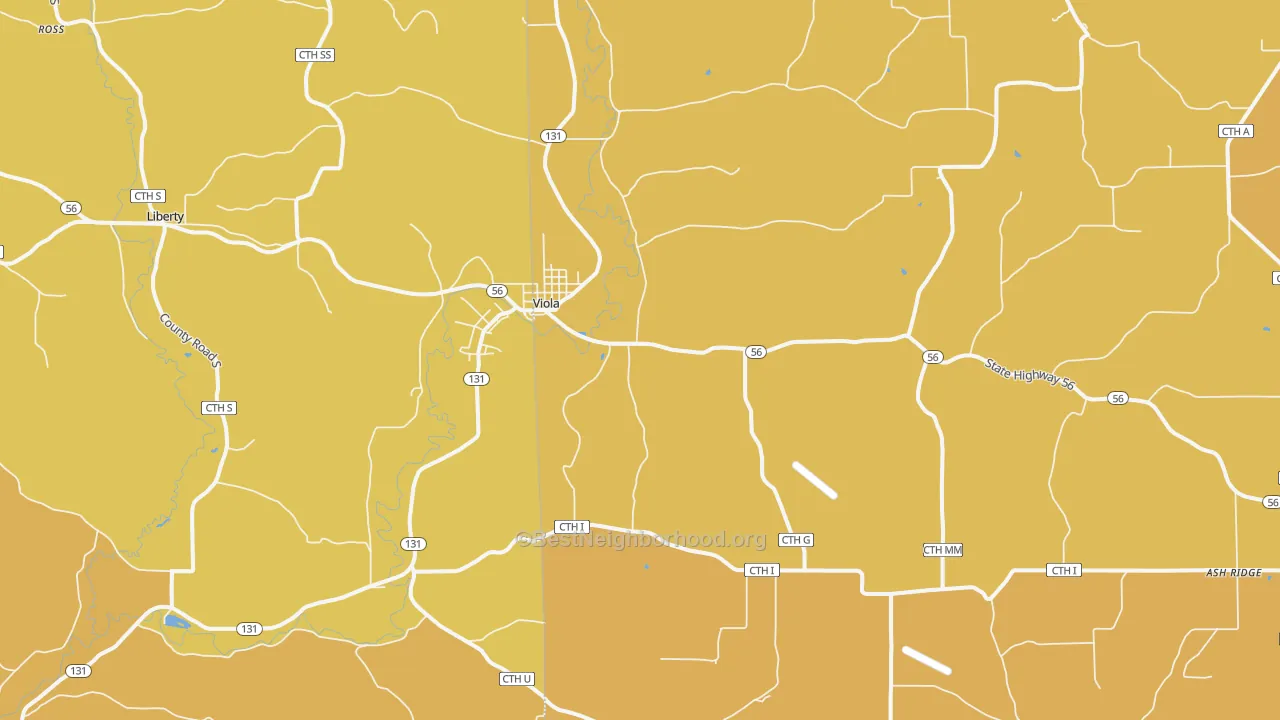 Map of the best neighborhoods in the 54664 area, with better matches in green and worse matches in red