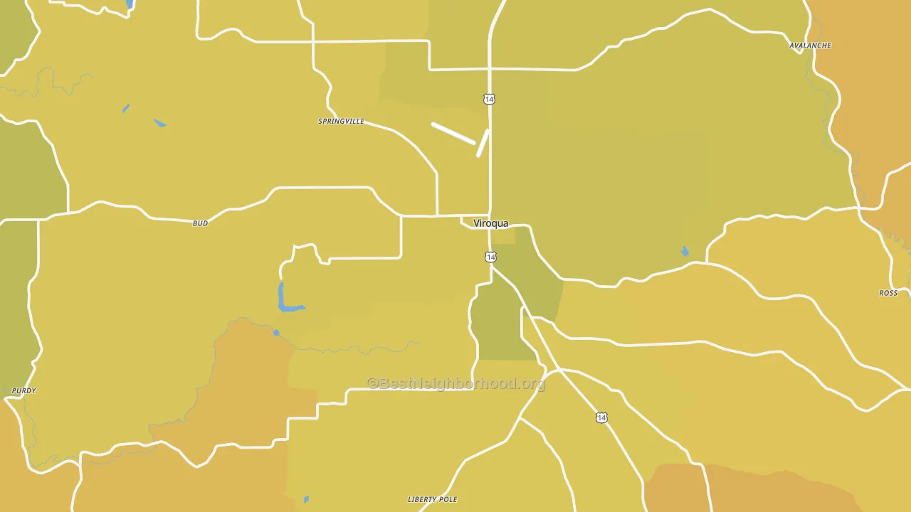 Map of the best neighborhoods in the 54665 area, with better matches in green and worse matches in red