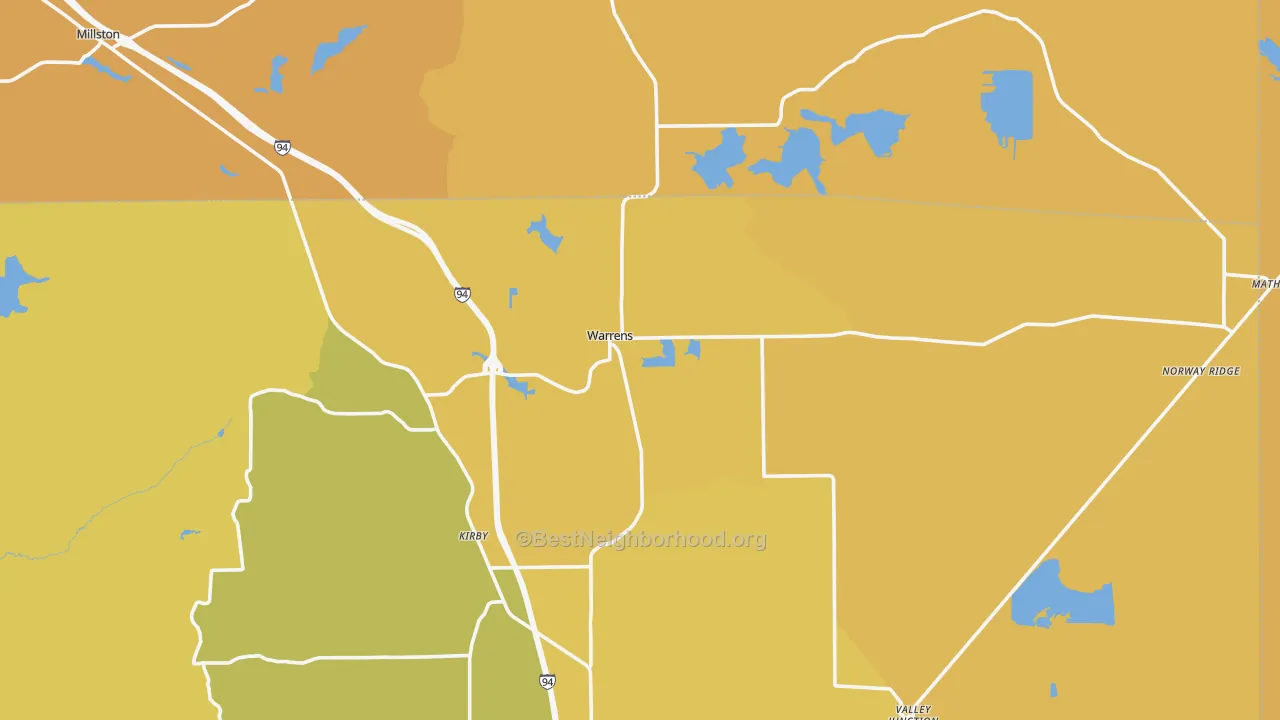 Map of the best neighborhoods in the 54666 area, with better matches in green and worse matches in red