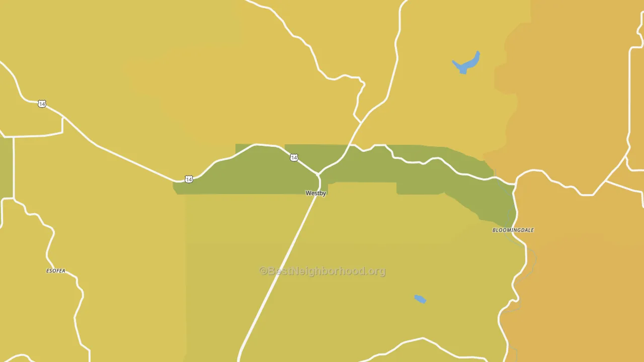 Map of the best neighborhoods in the 54667 area, with better matches in green and worse matches in red