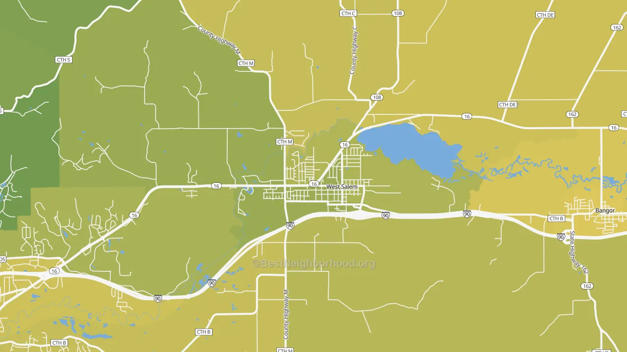 Map of the best neighborhoods in the 54669 area, with better matches in green and worse matches in red