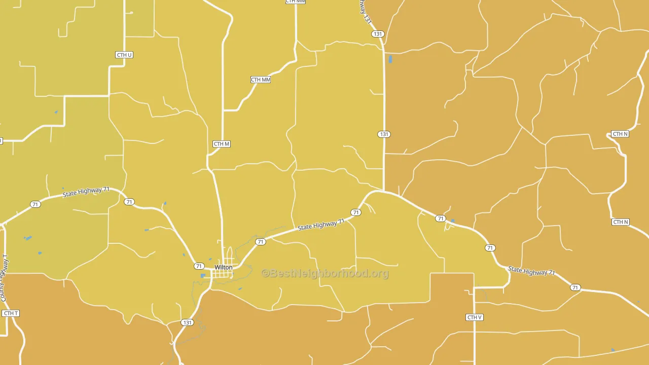 Map of the best neighborhoods in the 54670 area, with better matches in green and worse matches in red