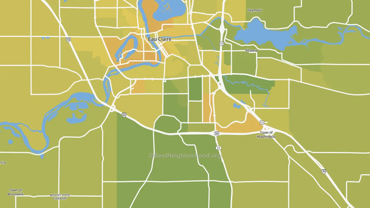 Map of the best neighborhoods in the 54701 area, with better matches in green and worse matches in red
