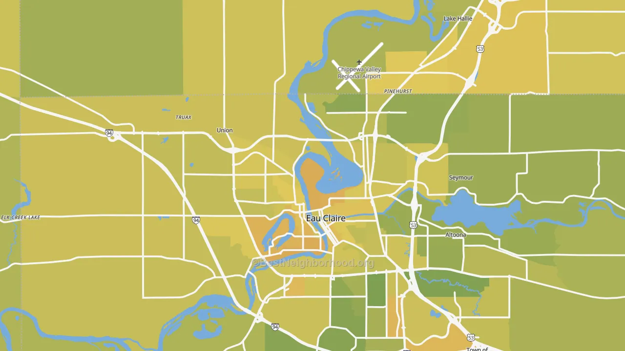 Map of the best neighborhoods in the 54703 area, with better matches in green and worse matches in red