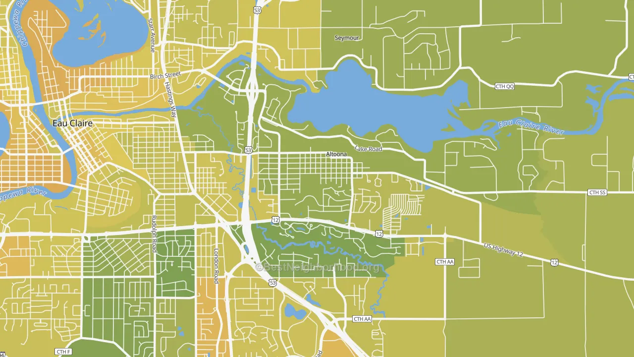 Map of the best neighborhoods in the 54720 area, with better matches in green and worse matches in red