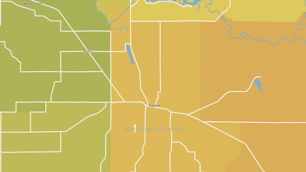Map of the best neighborhoods in the 54722 area, with better matches in green and worse matches in red