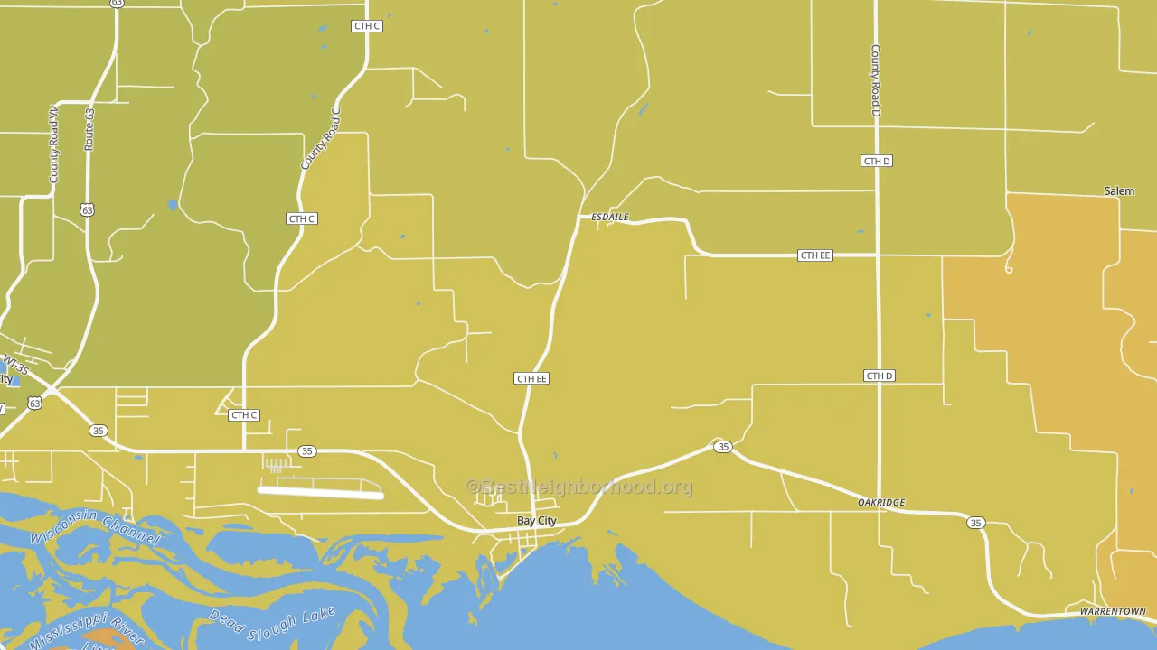 Map of the best neighborhoods in the 54723 area, with better matches in green and worse matches in red