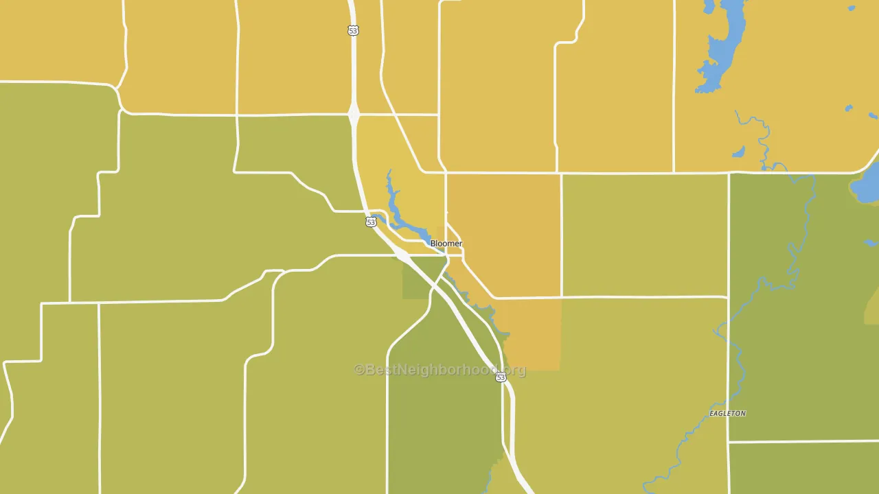 Map of the best neighborhoods in the 54724 area, with better matches in green and worse matches in red