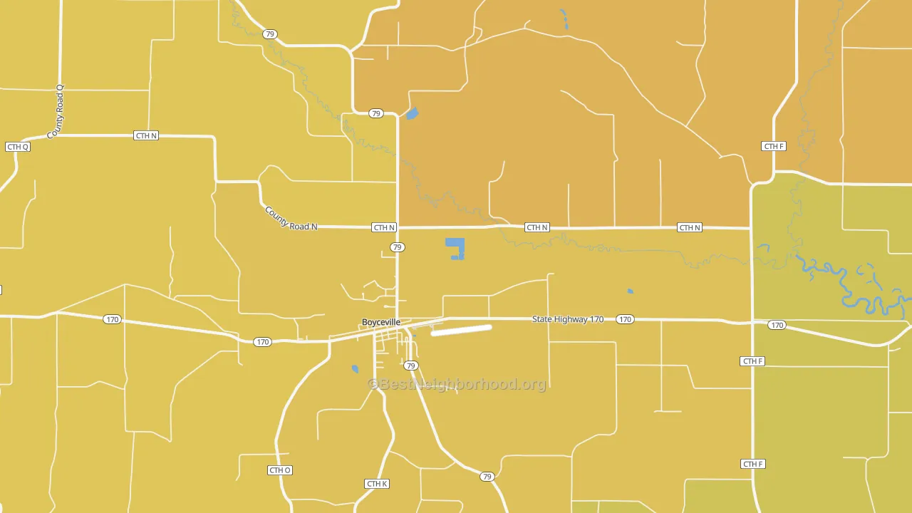 Map of the best neighborhoods in the 54725 area, with better matches in green and worse matches in red
