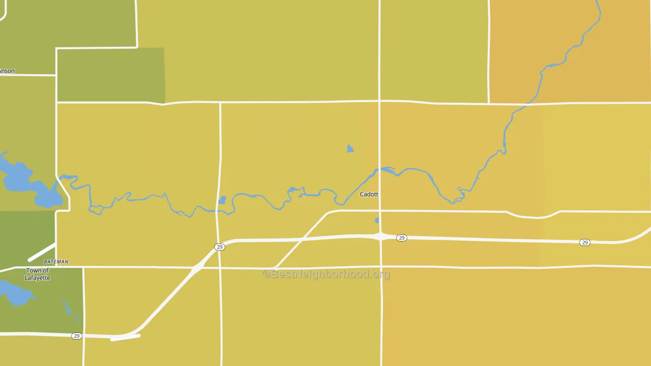 Map of the best neighborhoods in the 54727 area, with better matches in green and worse matches in red