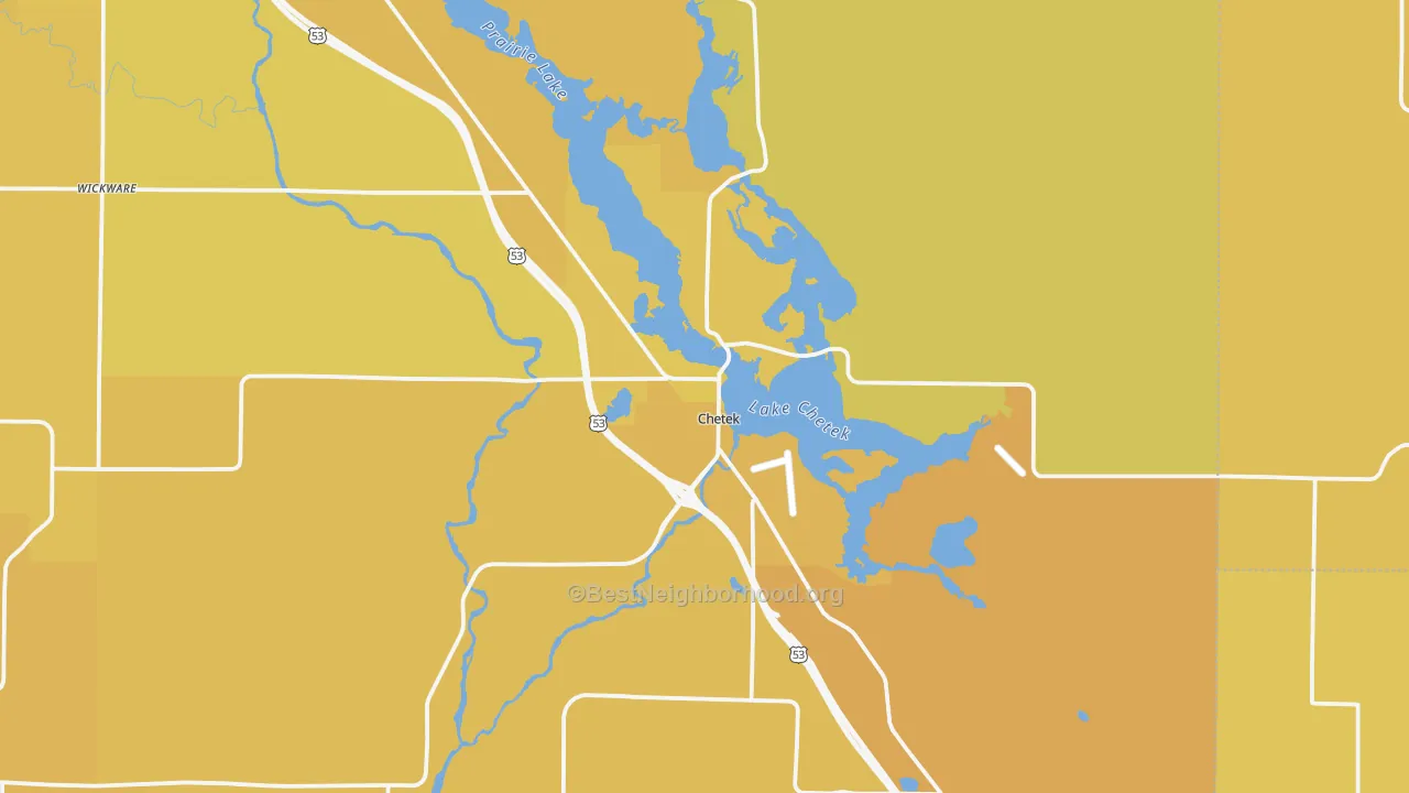 Map of the best neighborhoods in the 54728 area, with better matches in green and worse matches in red