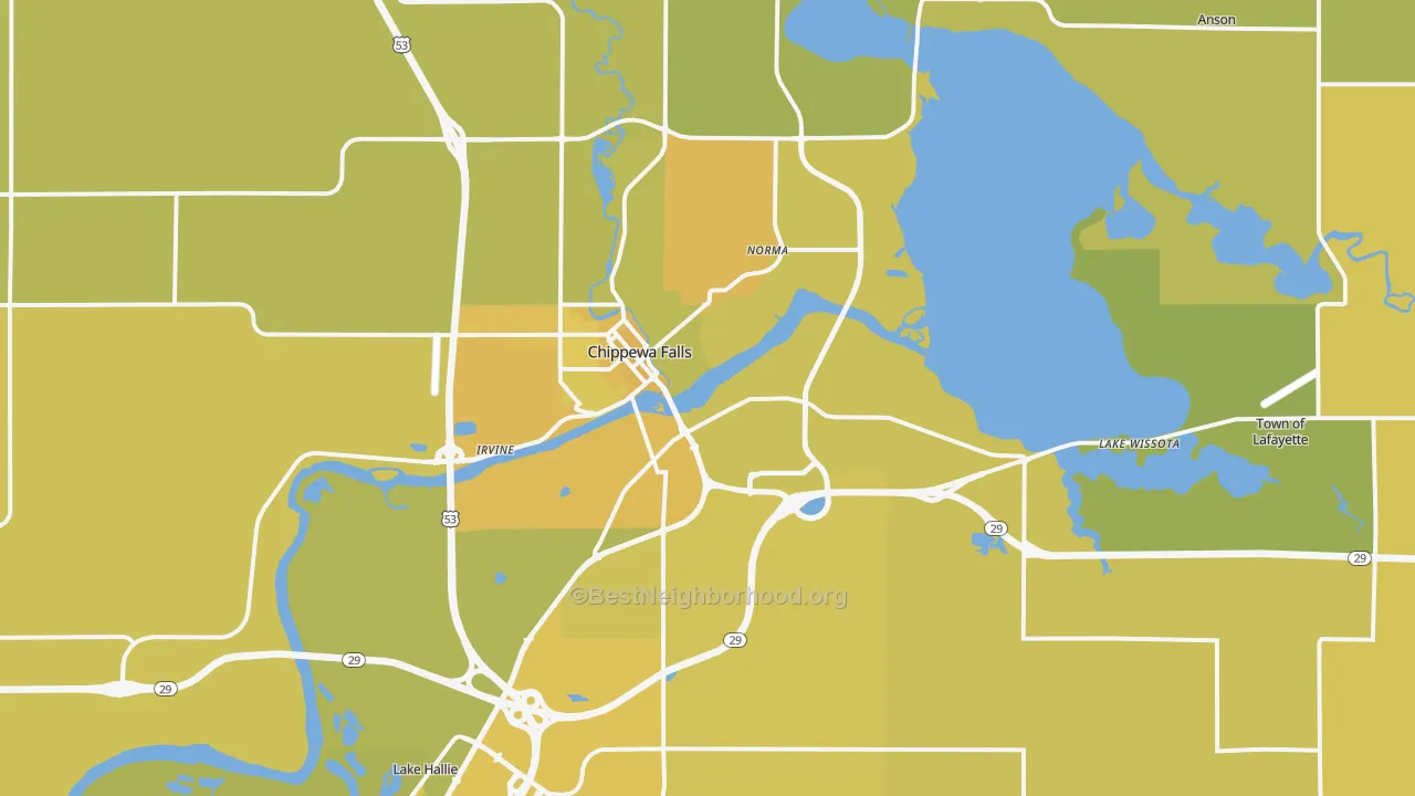 Map of the best neighborhoods in the 54729 area, with better matches in green and worse matches in red