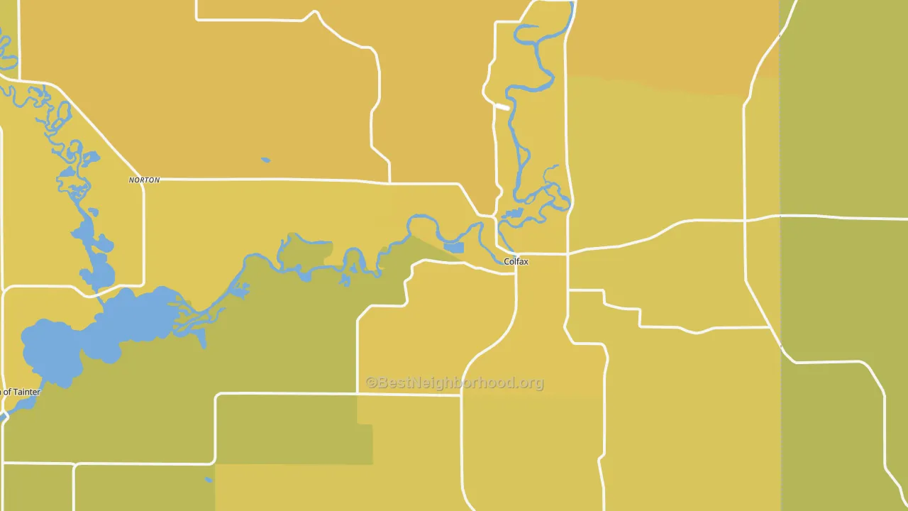 Map of the best neighborhoods in the 54730 area, with better matches in green and worse matches in red
