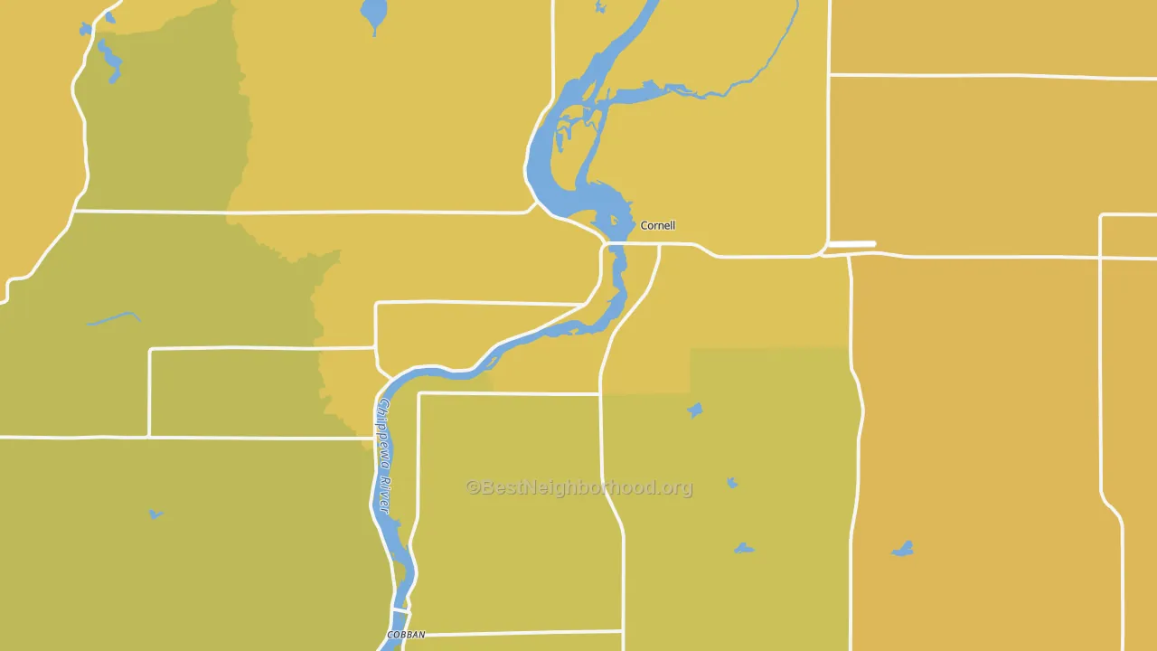Map of the best neighborhoods in the 54732 area, with better matches in green and worse matches in red
