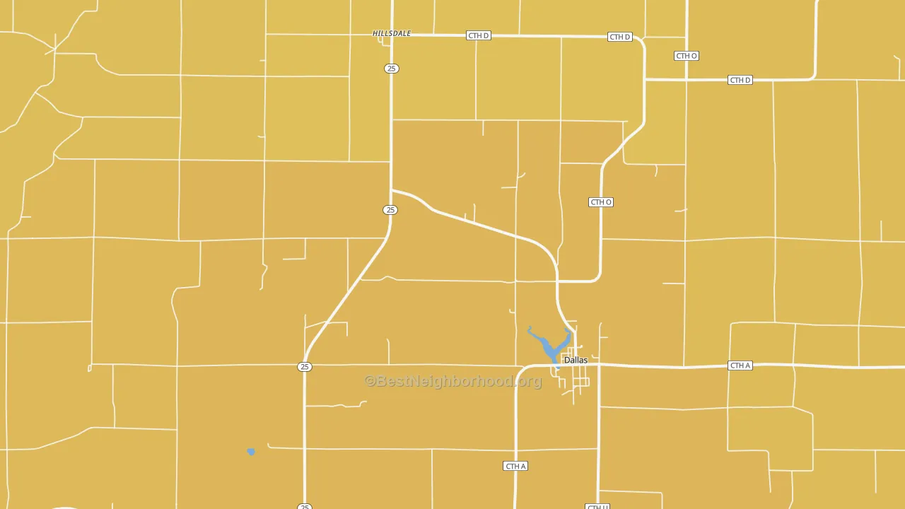 Map of the best neighborhoods in the 54733 area, with better matches in green and worse matches in red