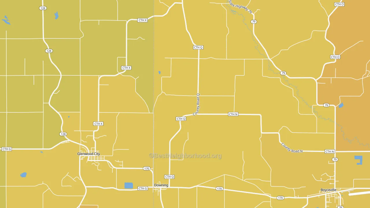 Map of the best neighborhoods in the 54734 area, with better matches in green and worse matches in red