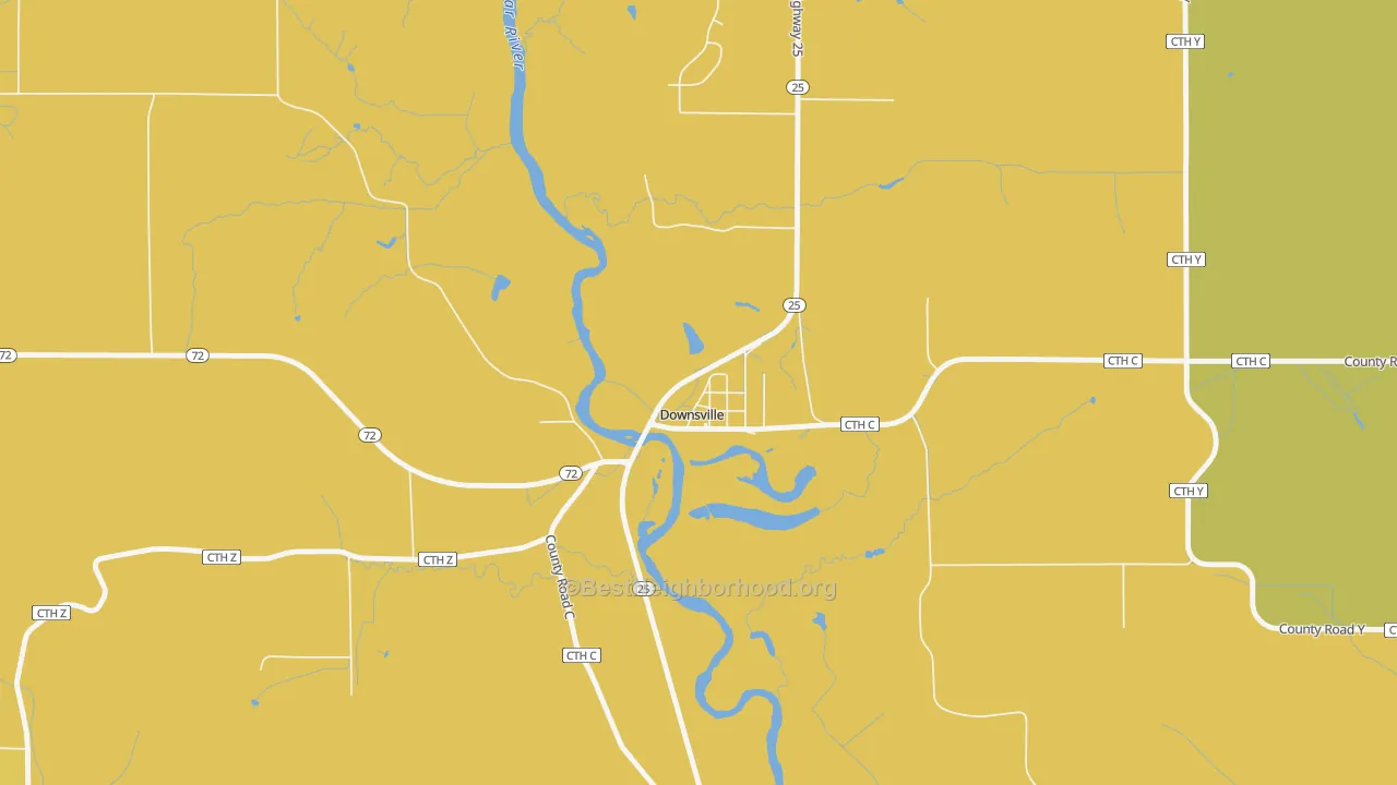 Map of the best neighborhoods in the 54735 area, with better matches in green and worse matches in red