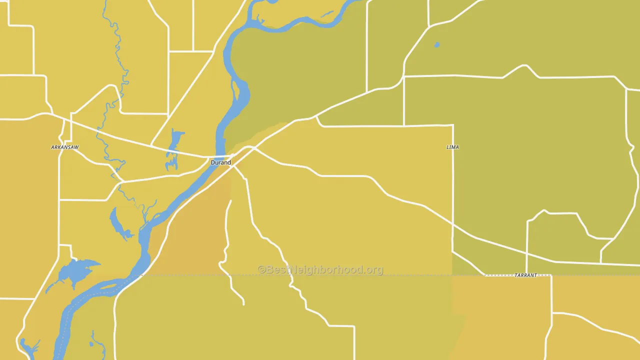 Map of the best neighborhoods in the 54736 area, with better matches in green and worse matches in red