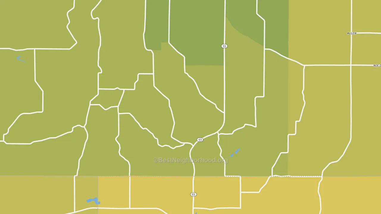 Map of the best neighborhoods in the 54738 area, with better matches in green and worse matches in red