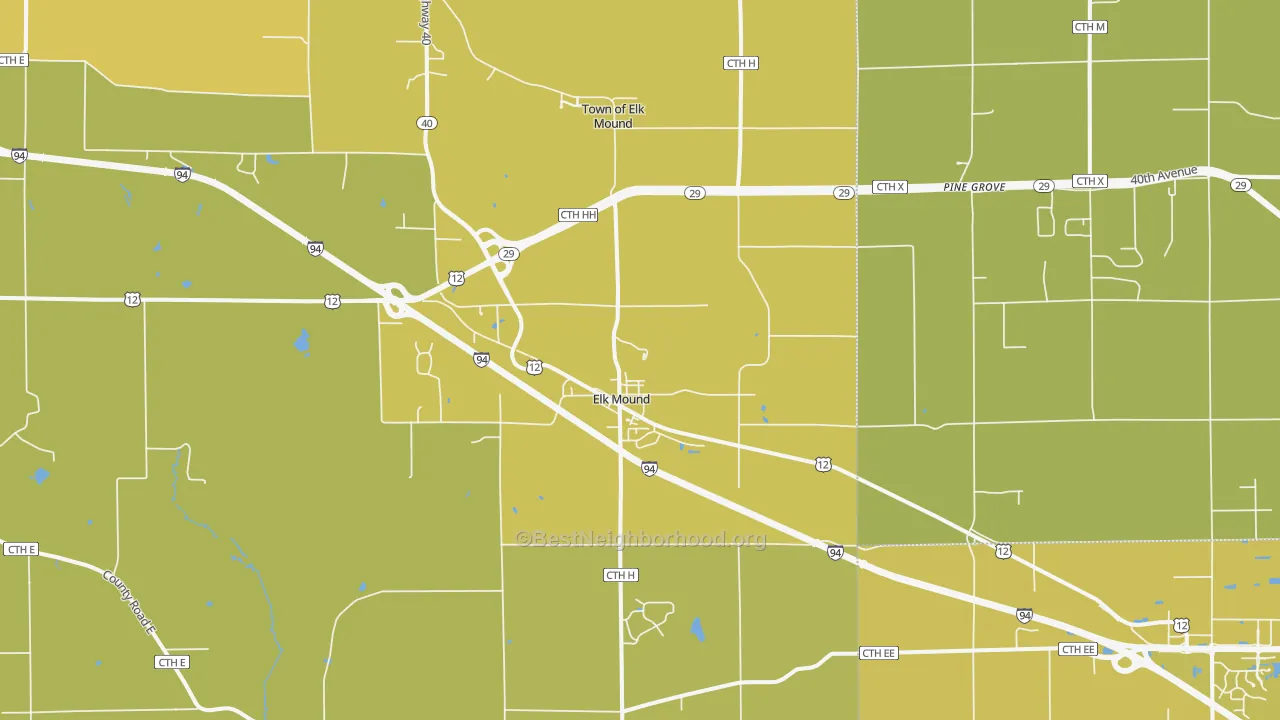 Map of the best neighborhoods in the 54739 area, with better matches in green and worse matches in red