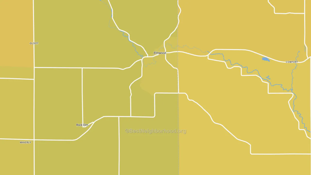 Map of the best neighborhoods in the 54740 area, with better matches in green and worse matches in red
