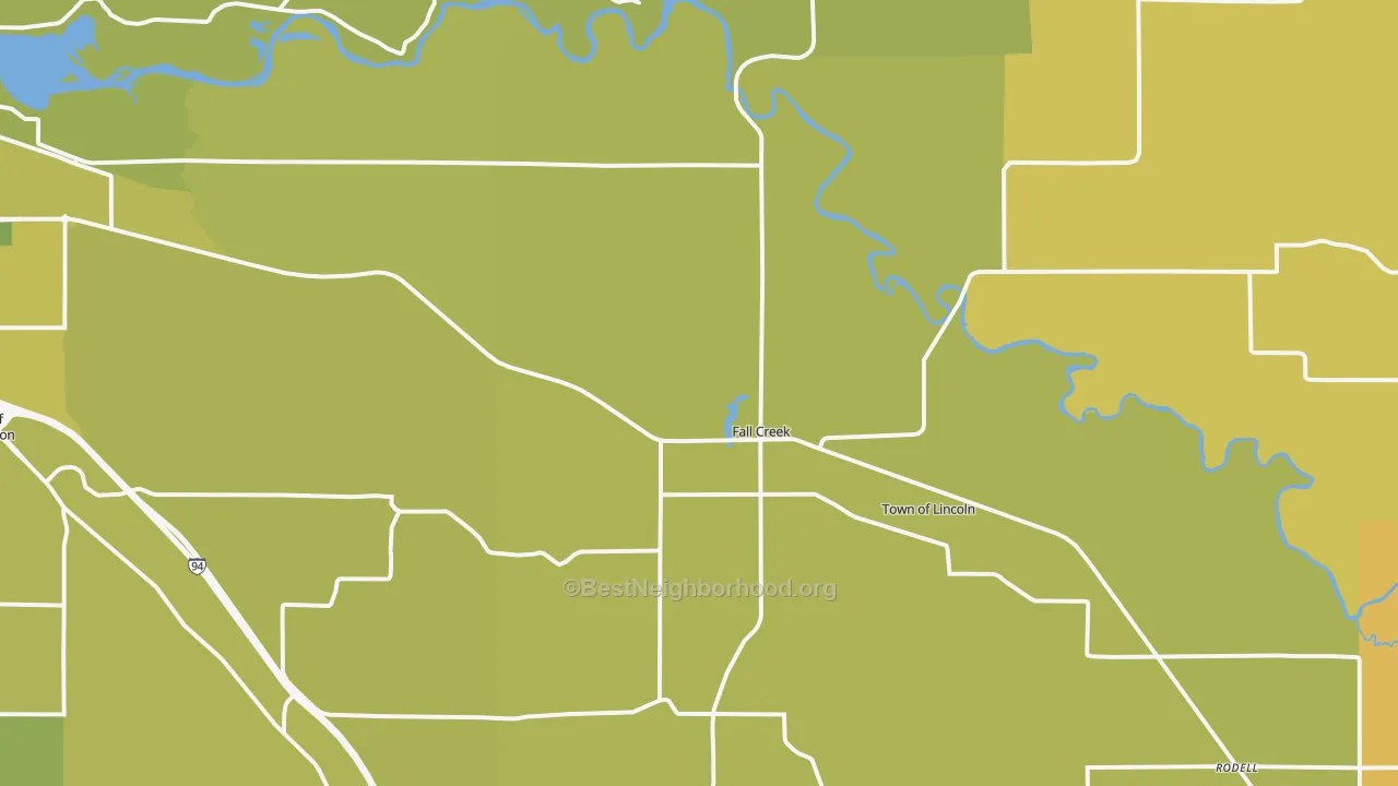 Map of the best neighborhoods in the 54742 area, with better matches in green and worse matches in red