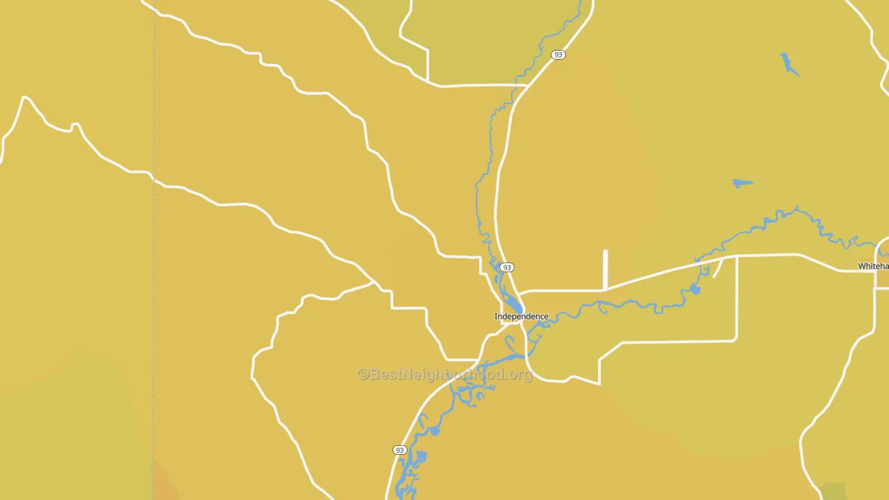Map of the best neighborhoods in the 54747 area, with better matches in green and worse matches in red