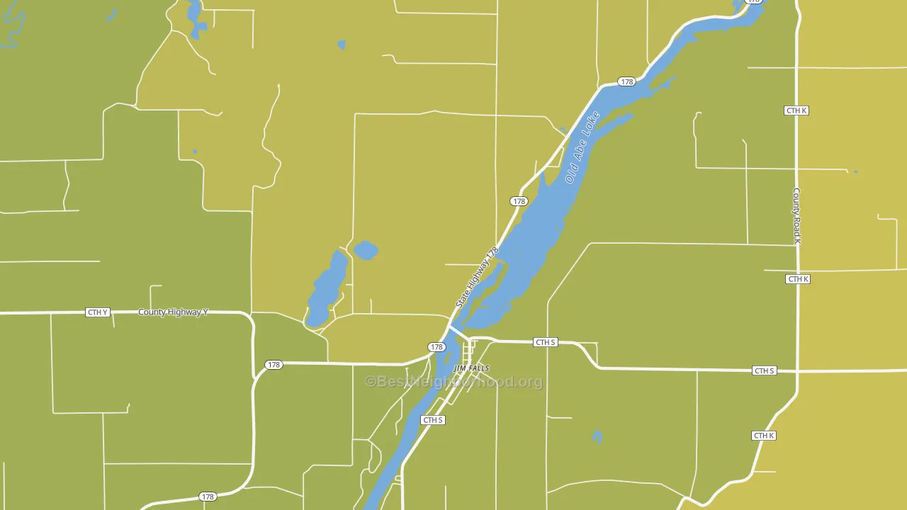 Map of the best neighborhoods in the 54748 area, with better matches in green and worse matches in red