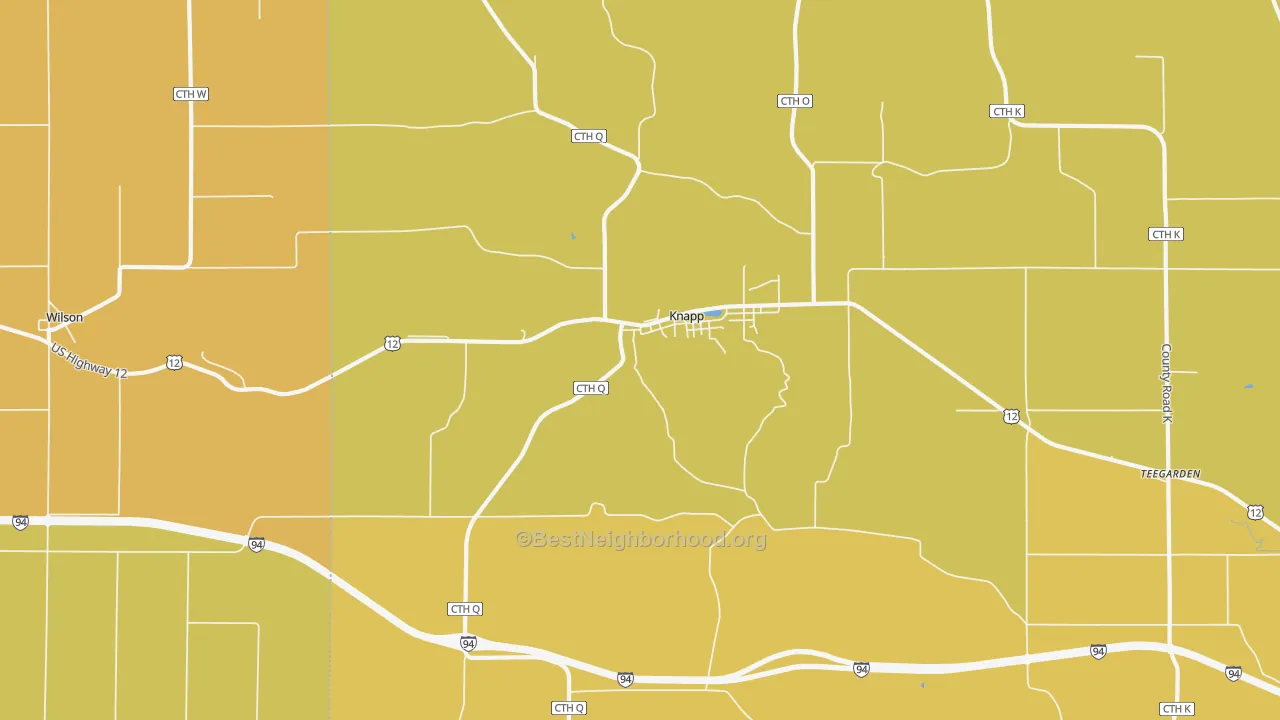 Map of the best neighborhoods in the 54749 area, with better matches in green and worse matches in red