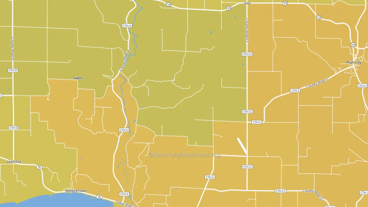 Map of the best neighborhoods in the 54750 area, with better matches in green and worse matches in red