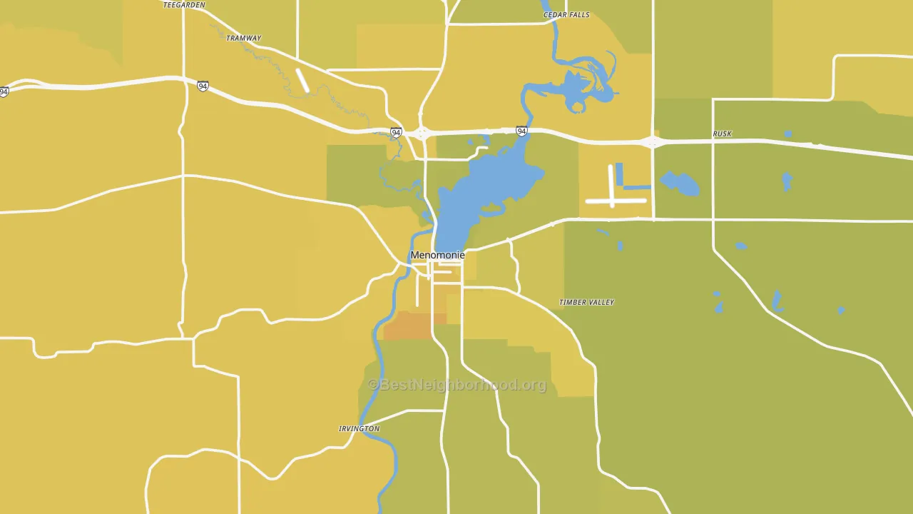 Map of the best neighborhoods in the 54751 area, with better matches in green and worse matches in red