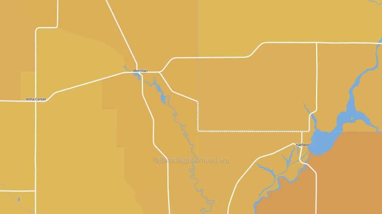 Map of the best neighborhoods in the 54754 area, with better matches in green and worse matches in red