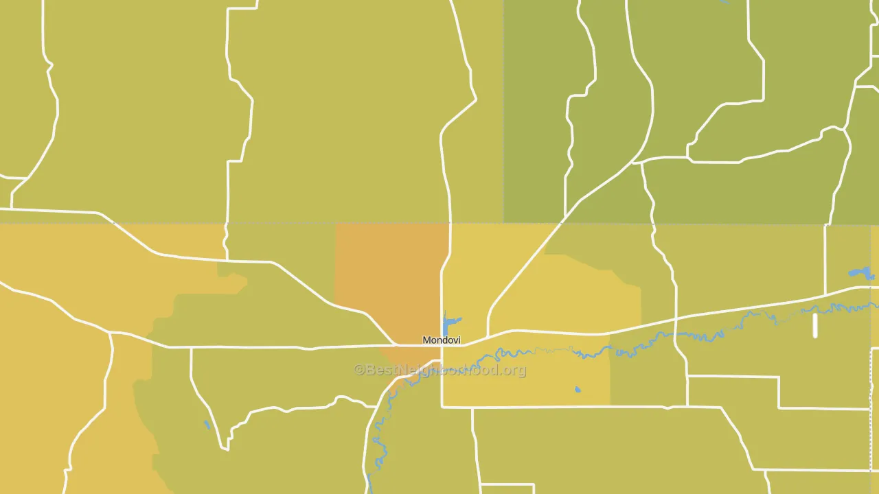 Map of the best neighborhoods in the 54755 area, with better matches in green and worse matches in red