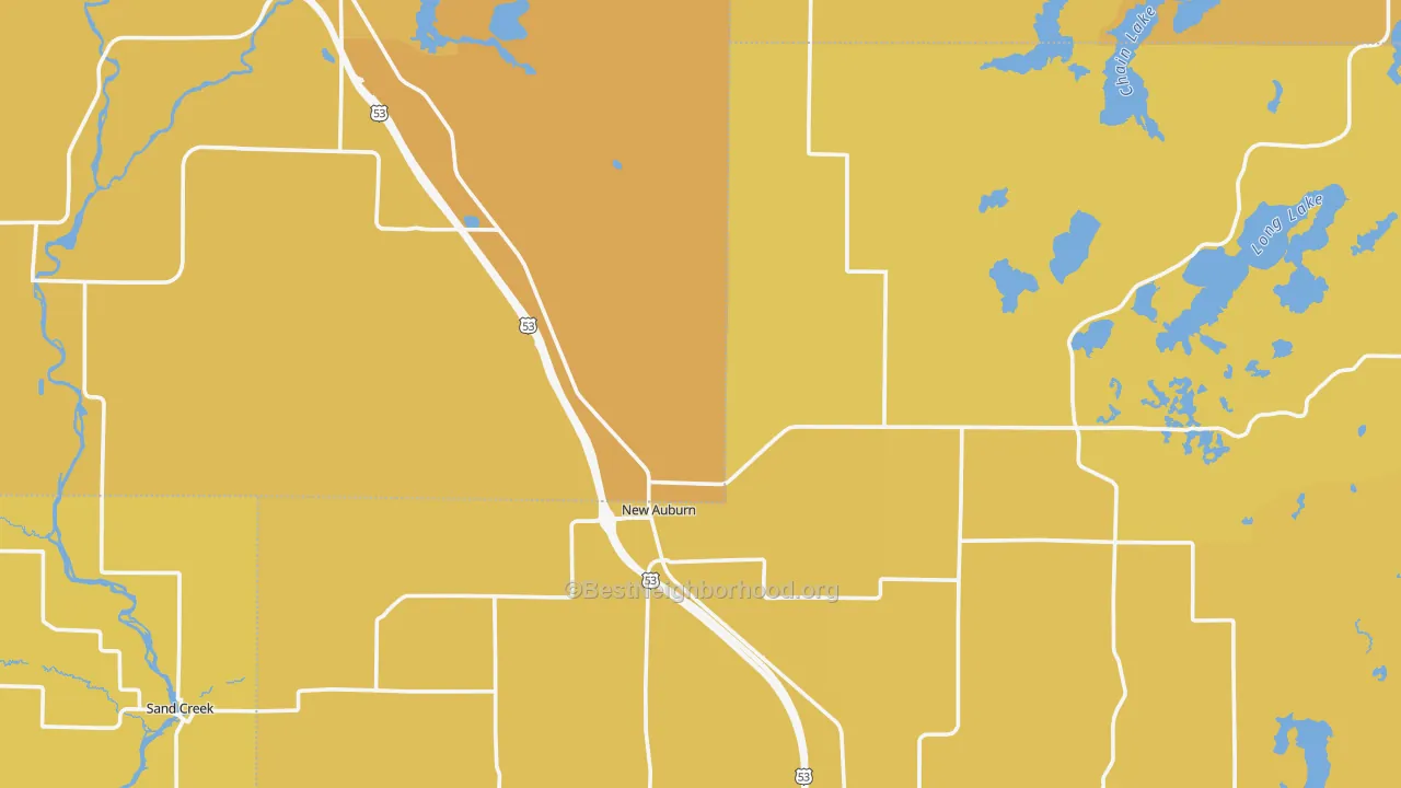 Map of the best neighborhoods in the 54757 area, with better matches in green and worse matches in red