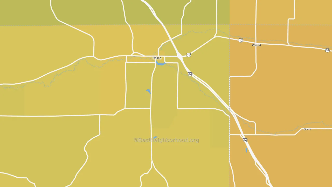 Map of the best neighborhoods in the 54758 area, with better matches in green and worse matches in red