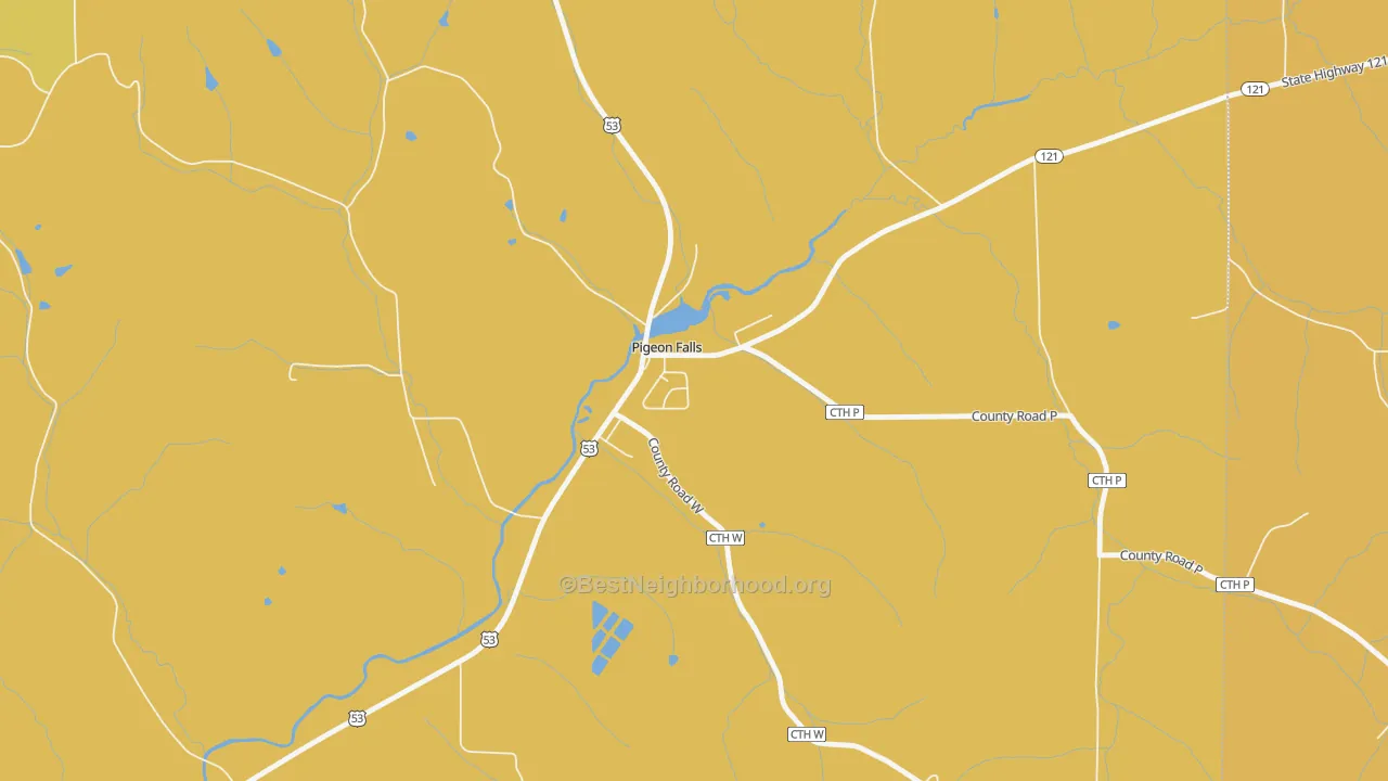 Map of the best neighborhoods in the 54760 area, with better matches in green and worse matches in red