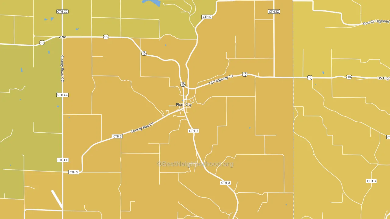 Map of the best neighborhoods in the 54761 area, with better matches in green and worse matches in red