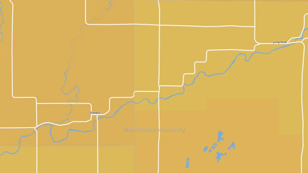 Map of the best neighborhoods in the 54766 area, with better matches in green and worse matches in red