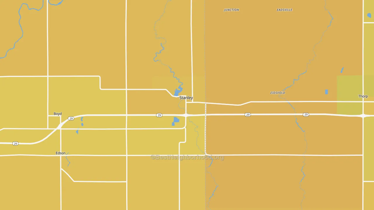 Map of the best neighborhoods in the 54768 area, with better matches in green and worse matches in red