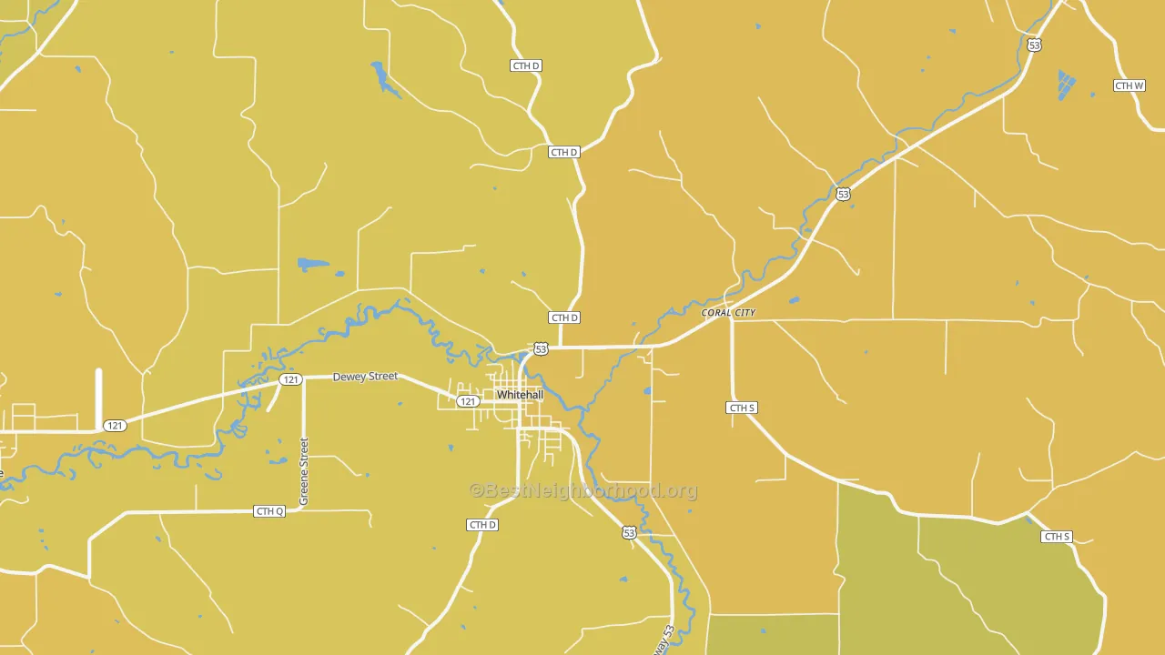 Map of the best neighborhoods in the 54773 area, with better matches in green and worse matches in red