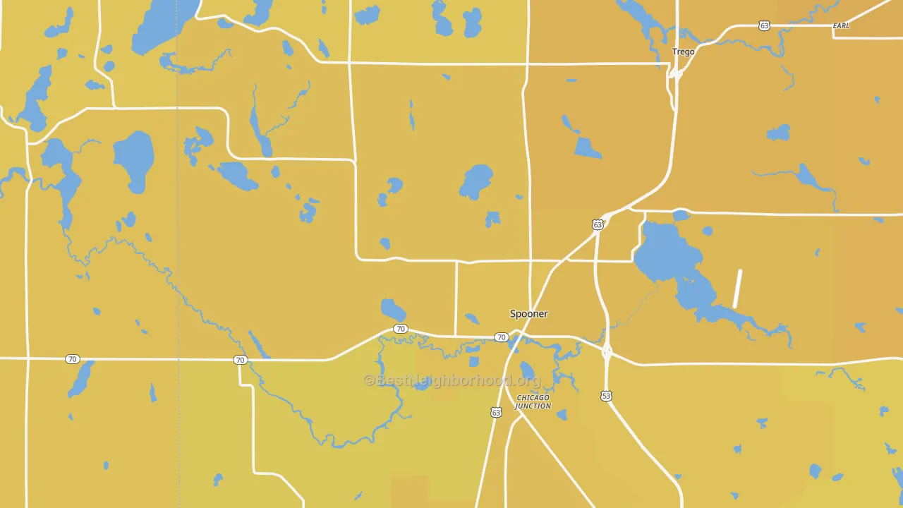 Map of the best neighborhoods in the 54801 area, with better matches in green and worse matches in red