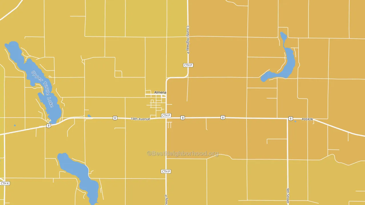 Map of the best neighborhoods in the 54805 area, with better matches in green and worse matches in red