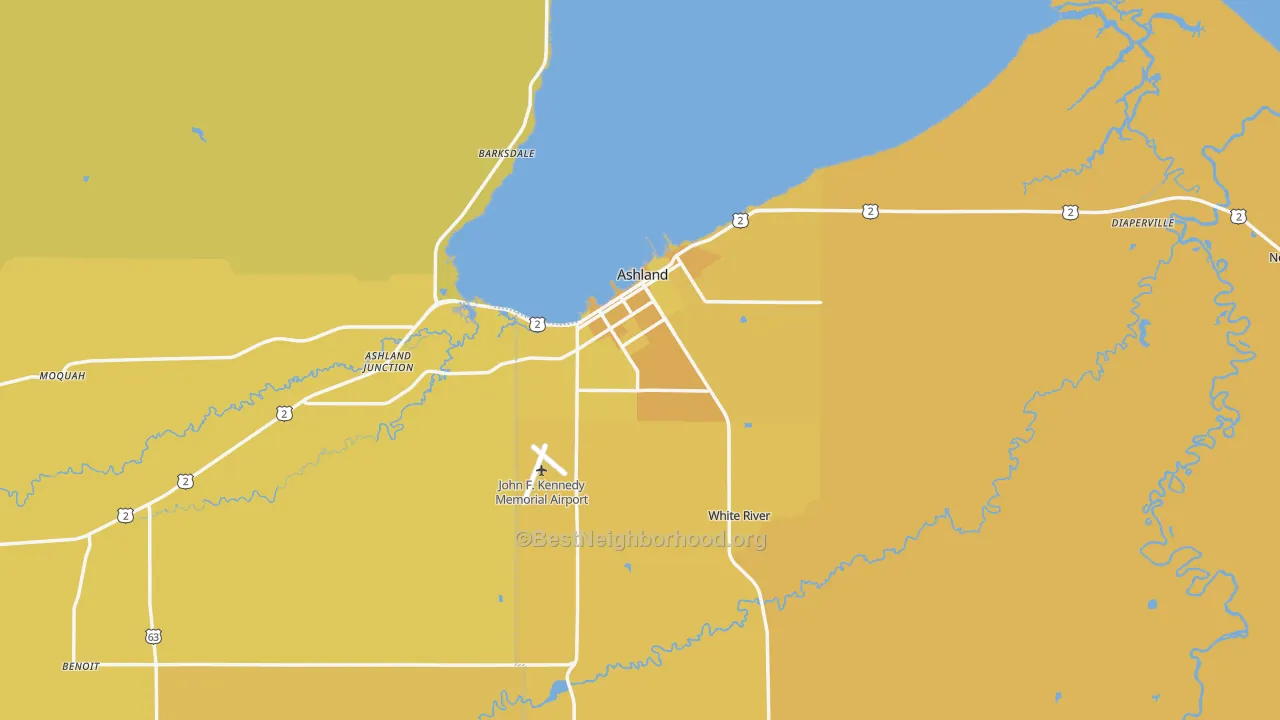 Map of the best neighborhoods in the 54806 area, with better matches in green and worse matches in red