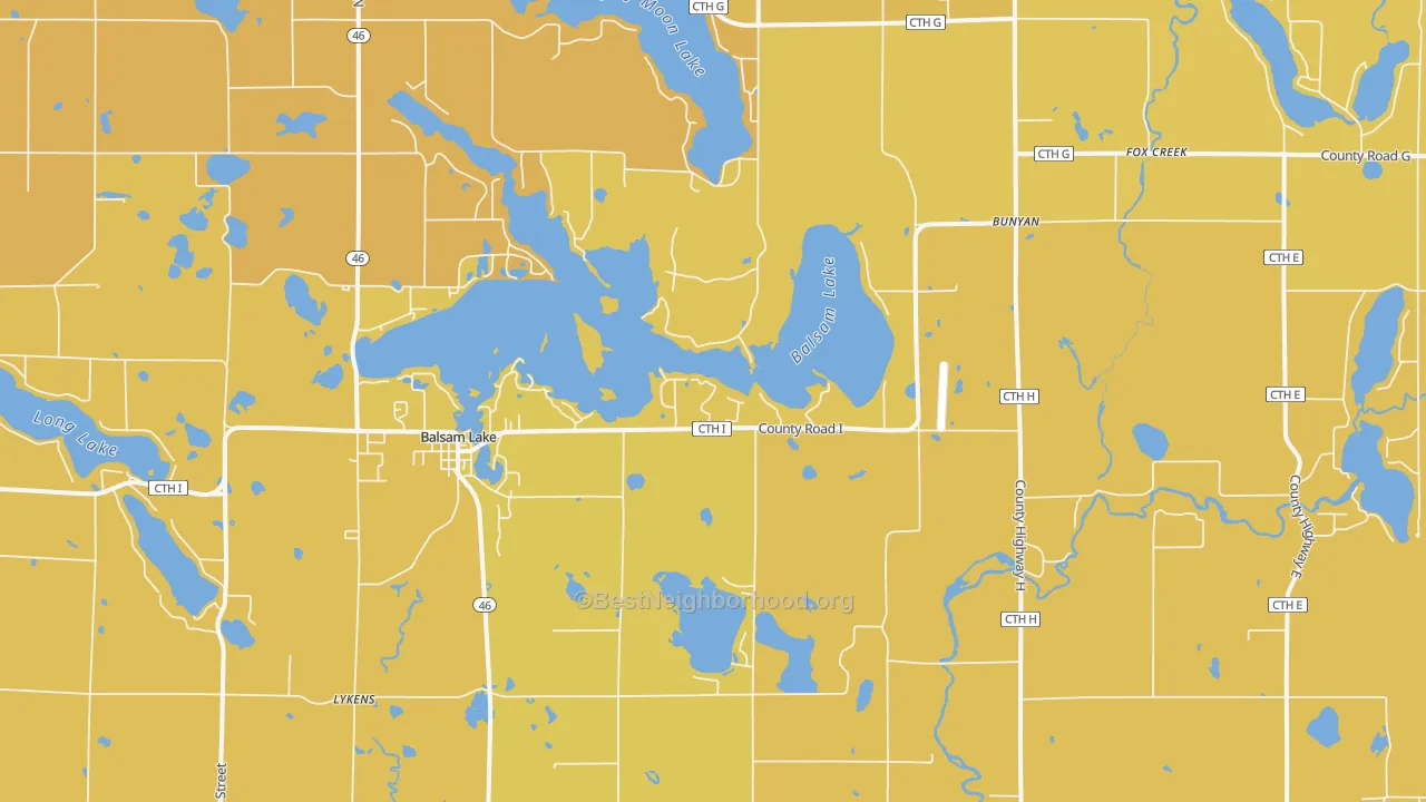 Map of the best neighborhoods in the 54810 area, with better matches in green and worse matches in red