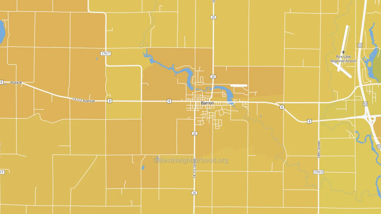Map of the best neighborhoods in the 54812 area, with better matches in green and worse matches in red